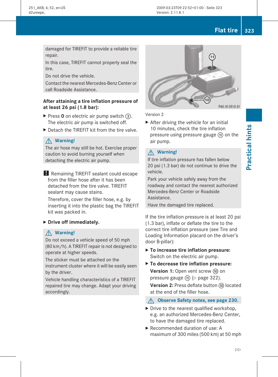 Practical hints, Flat tire | Mercedes-Benz R-Class 2010 Owners Manual User Manual | Page 325 / 364