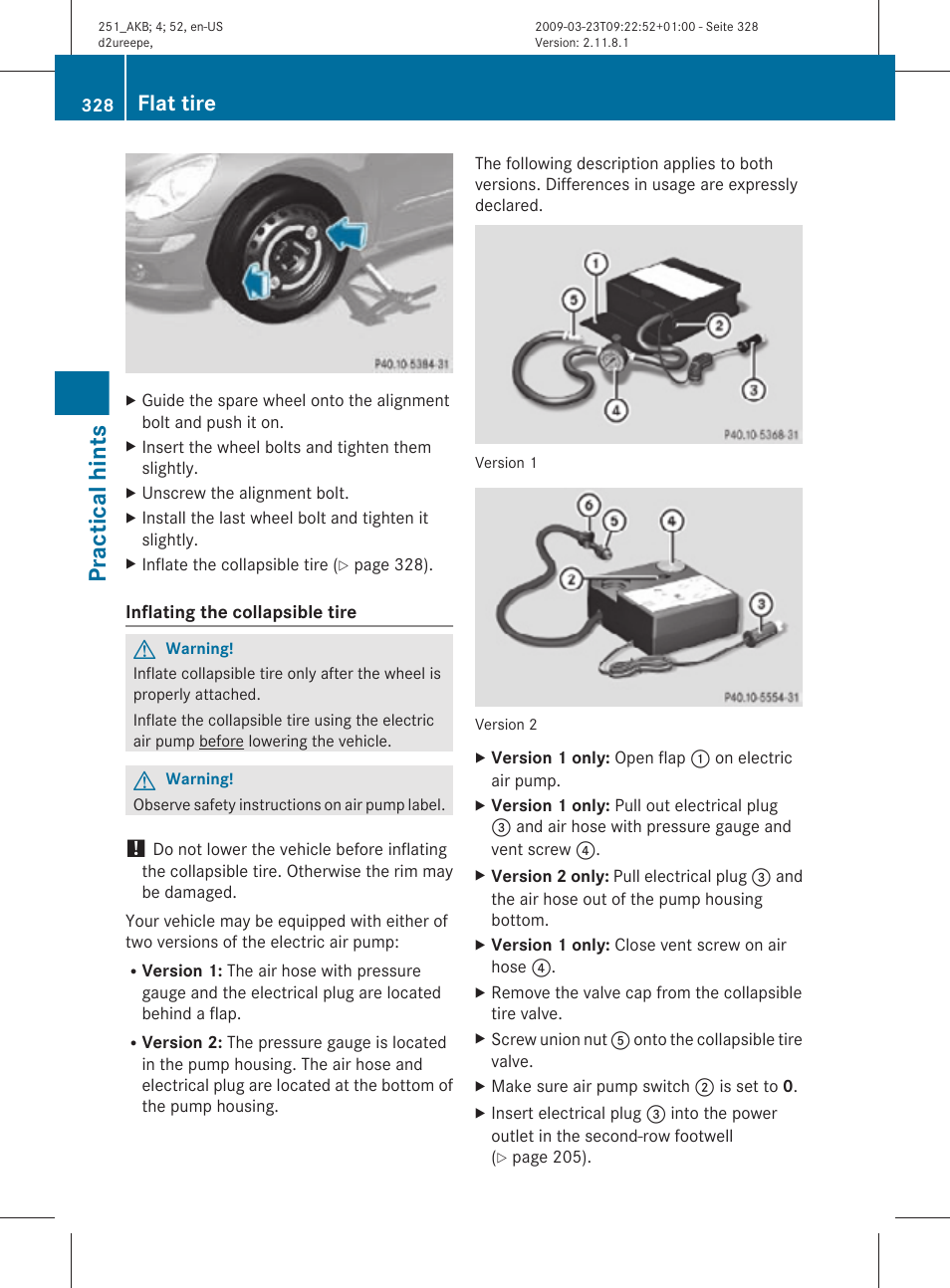 Practical hints, Flat tire | Mercedes-Benz R-Class 2010 Owners Manual User Manual | Page 330 / 364