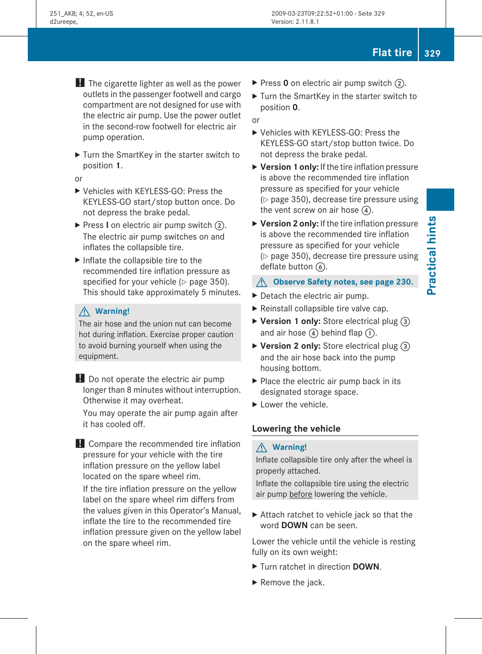Practical hints, Flat tire | Mercedes-Benz R-Class 2010 Owners Manual User Manual | Page 331 / 364