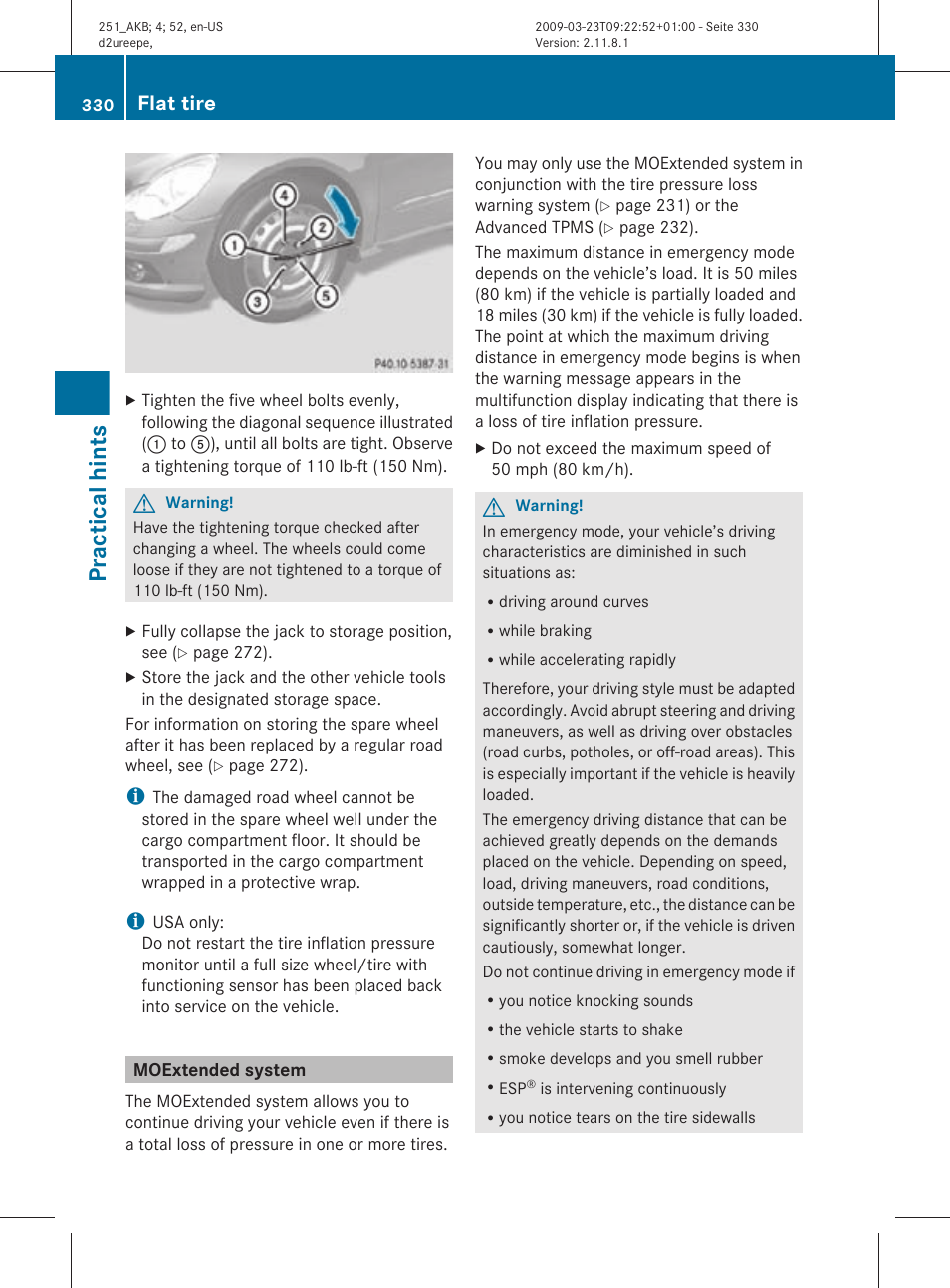 Moextended system, Practical hints, Flat tire | Mercedes-Benz R-Class 2010 Owners Manual User Manual | Page 332 / 364