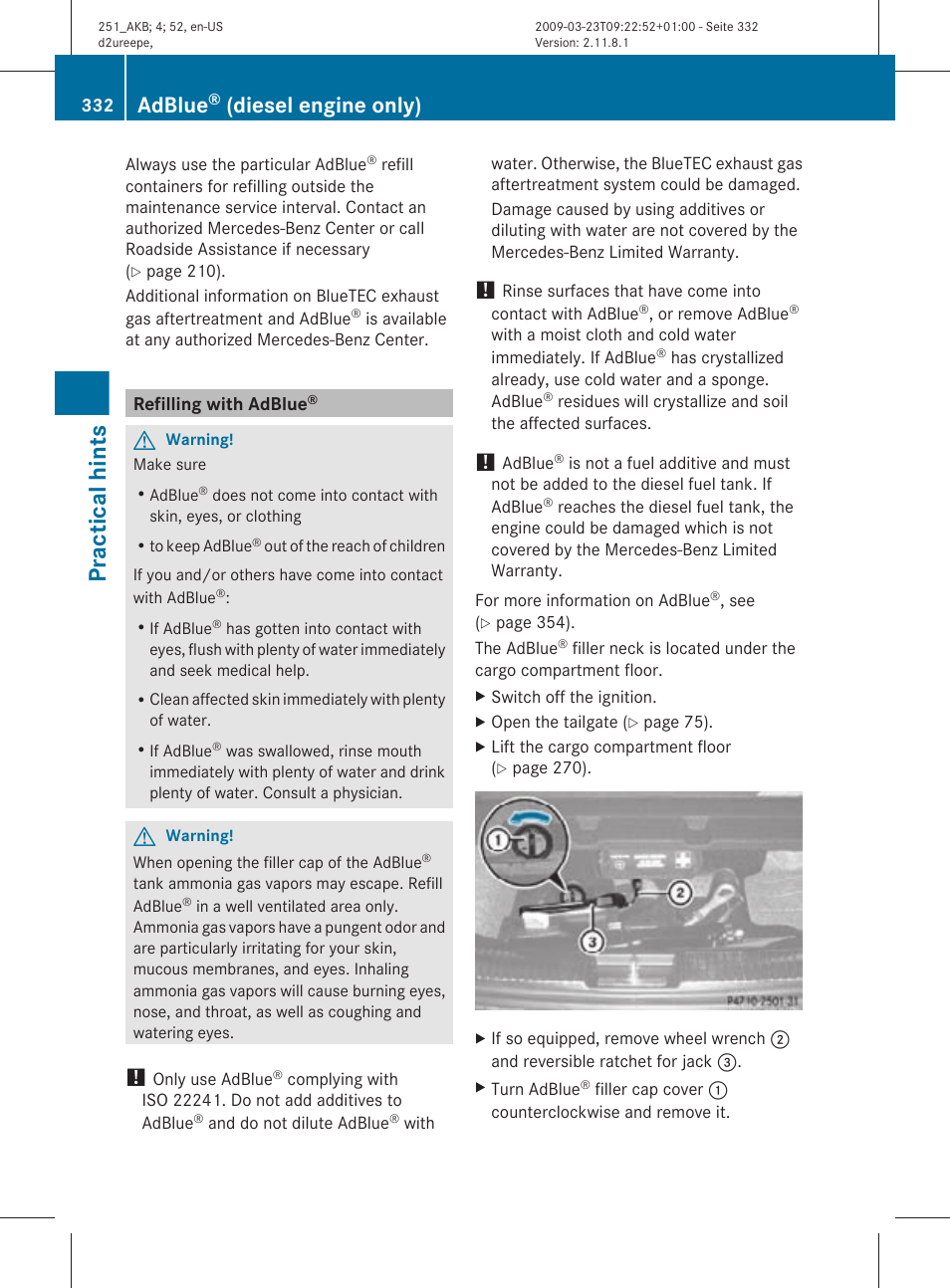 Refilling with adblue, Practical hints, Adblue | Diesel engine only) | Mercedes-Benz R-Class 2010 Owners Manual User Manual | Page 334 / 364