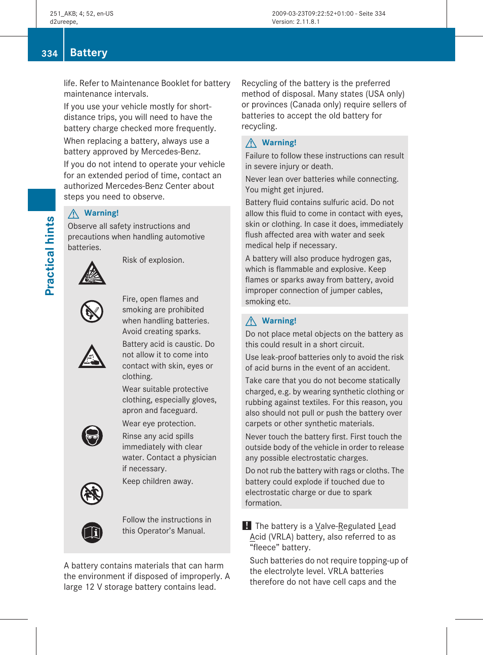 Practical hints, Battery | Mercedes-Benz R-Class 2010 Owners Manual User Manual | Page 336 / 364