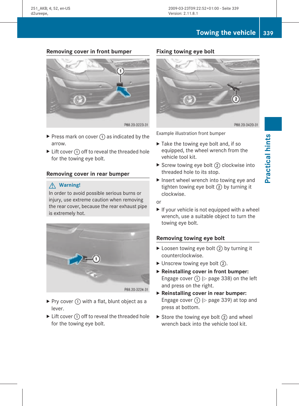 Practical hints, Towing the vehicle | Mercedes-Benz R-Class 2010 Owners Manual User Manual | Page 341 / 364