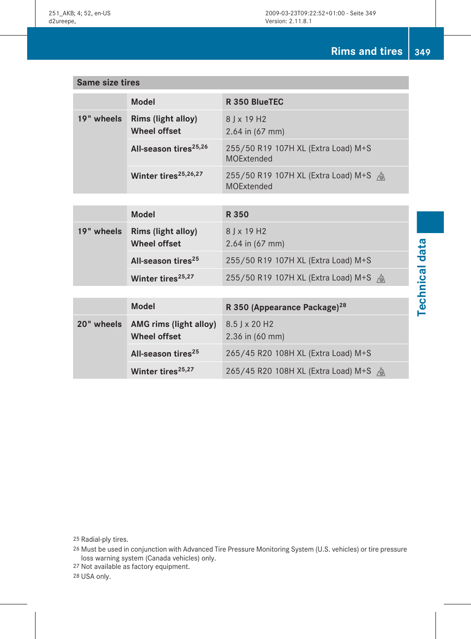 Same size tires, Technical data, Rims and tires | Mercedes-Benz R-Class 2010 Owners Manual User Manual | Page 351 / 364