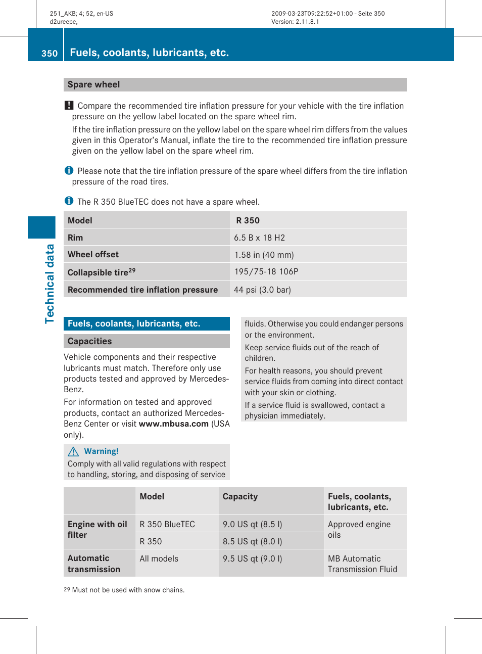 Spare wheel, Fuels, coolants, lubricants, etc, Capacities | Coolants, lubricants, etc, Technical data” section, Specified for your vehicle, Technical data | Mercedes-Benz R-Class 2010 Owners Manual User Manual | Page 352 / 364