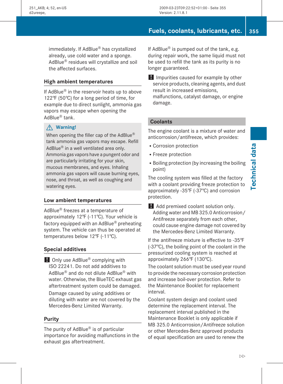 Coolants, Technical data, Fuels, coolants, lubricants, etc | Mercedes-Benz R-Class 2010 Owners Manual User Manual | Page 357 / 364