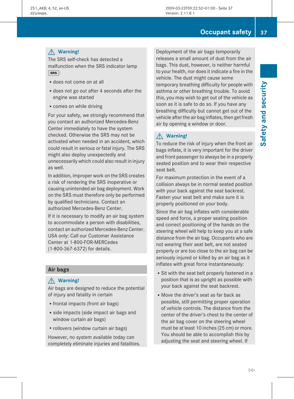Air bags, Safety and security, Occupant safety | Mercedes-Benz R-Class 2010 Owners Manual User Manual | Page 39 / 364