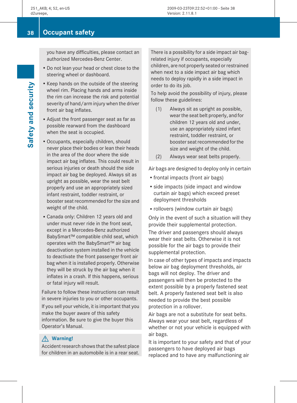 Safety and security, Occupant safety | Mercedes-Benz R-Class 2010 Owners Manual User Manual | Page 40 / 364