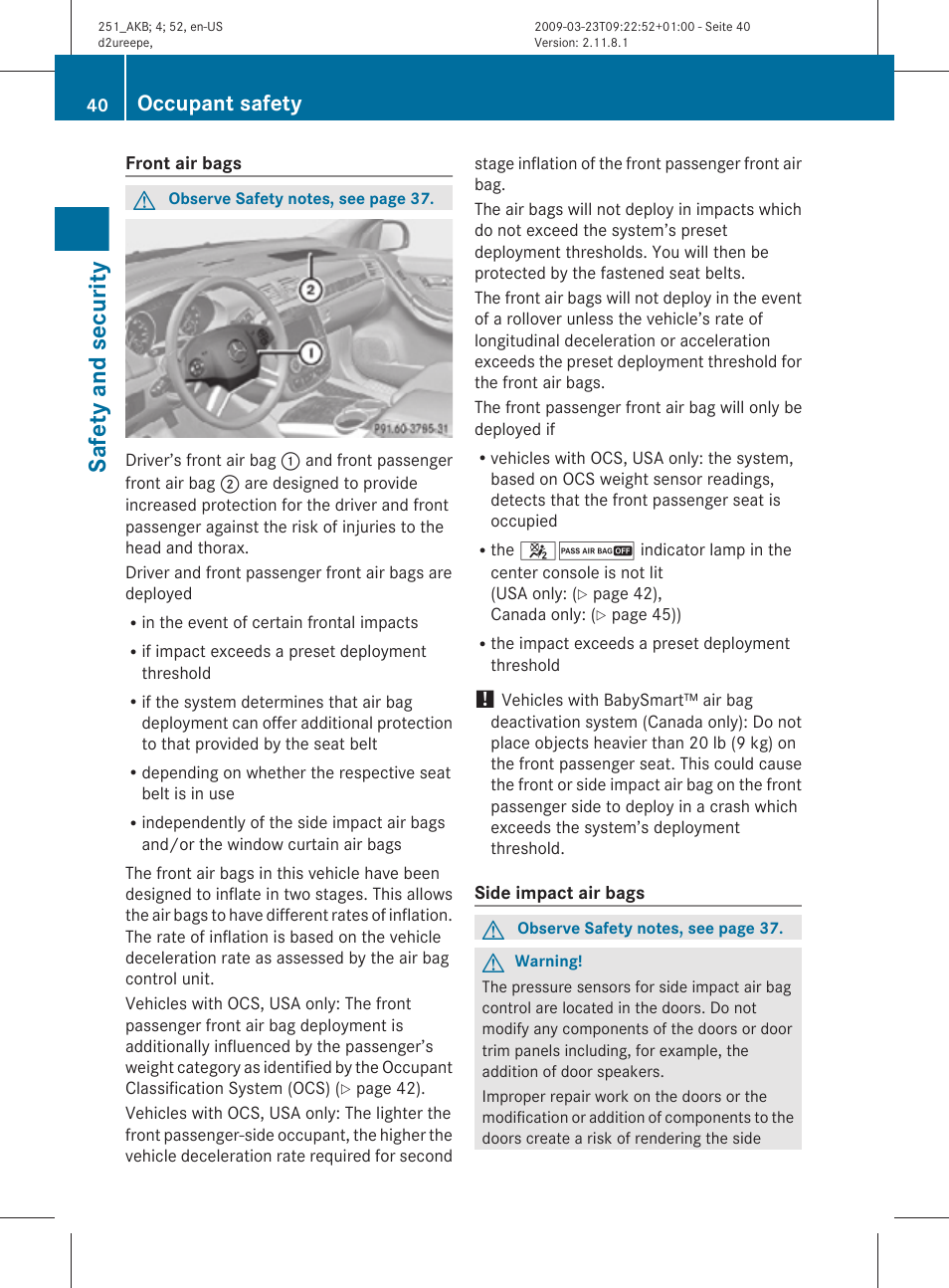 Safety and security, Occupant safety | Mercedes-Benz R-Class 2010 Owners Manual User Manual | Page 42 / 364