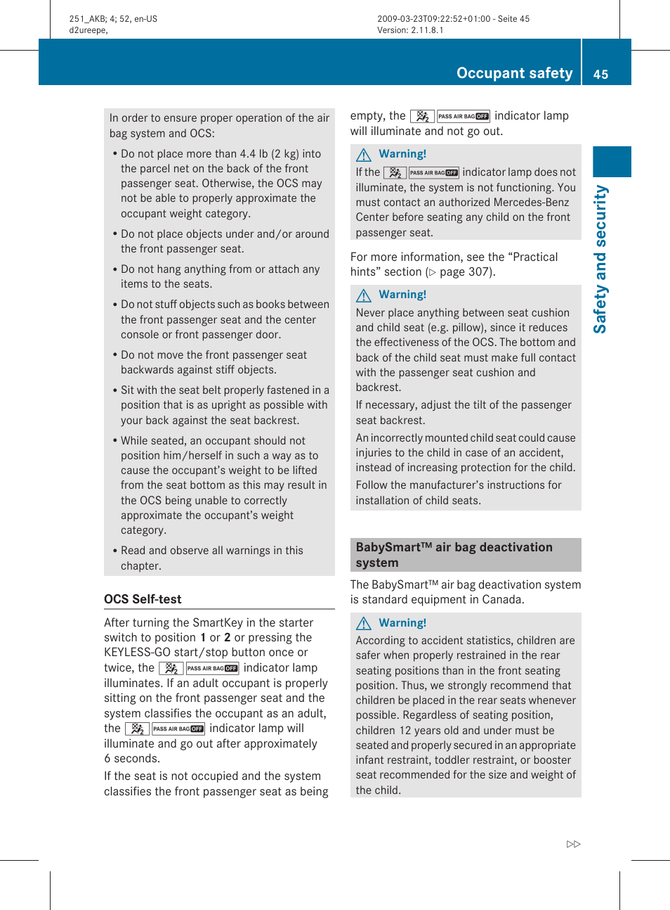 Babysmart™ air bag deactivation system, Safety and security, Occupant safety | Mercedes-Benz R-Class 2010 Owners Manual User Manual | Page 47 / 364