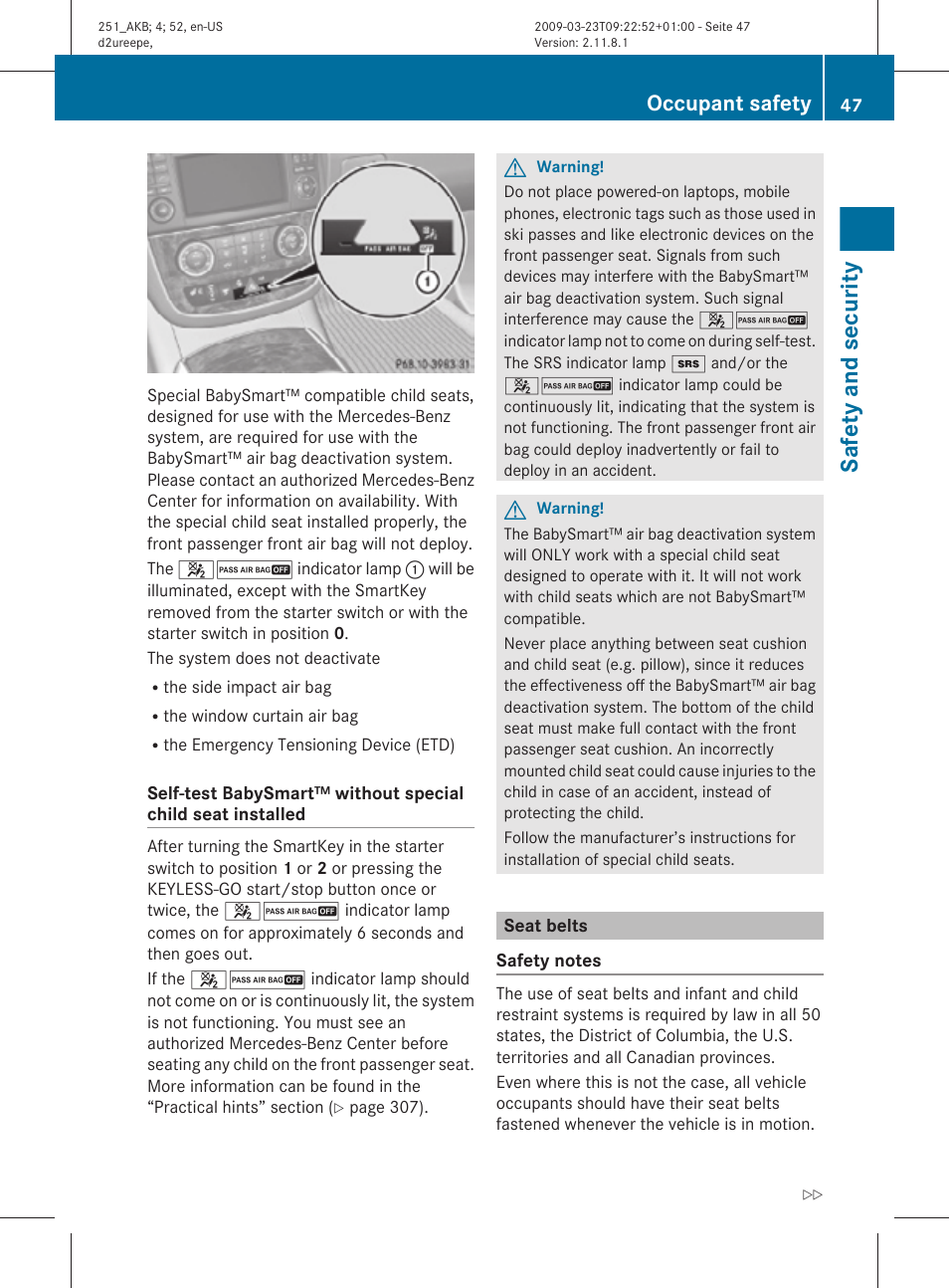 Seat belts, Safety and security, Occupant safety | Mercedes-Benz R-Class 2010 Owners Manual User Manual | Page 49 / 364