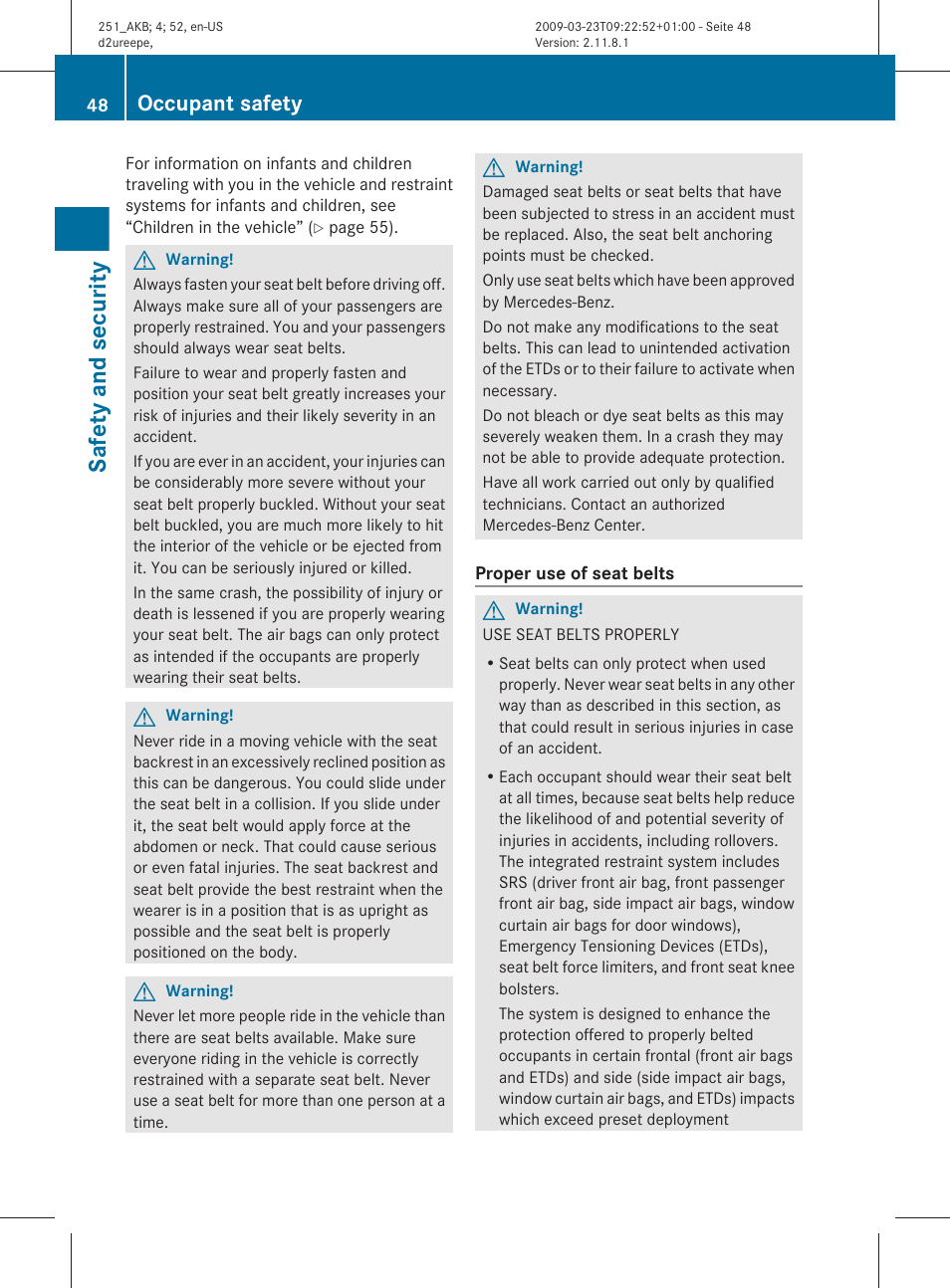 Safety and security, Occupant safety | Mercedes-Benz R-Class 2010 Owners Manual User Manual | Page 50 / 364