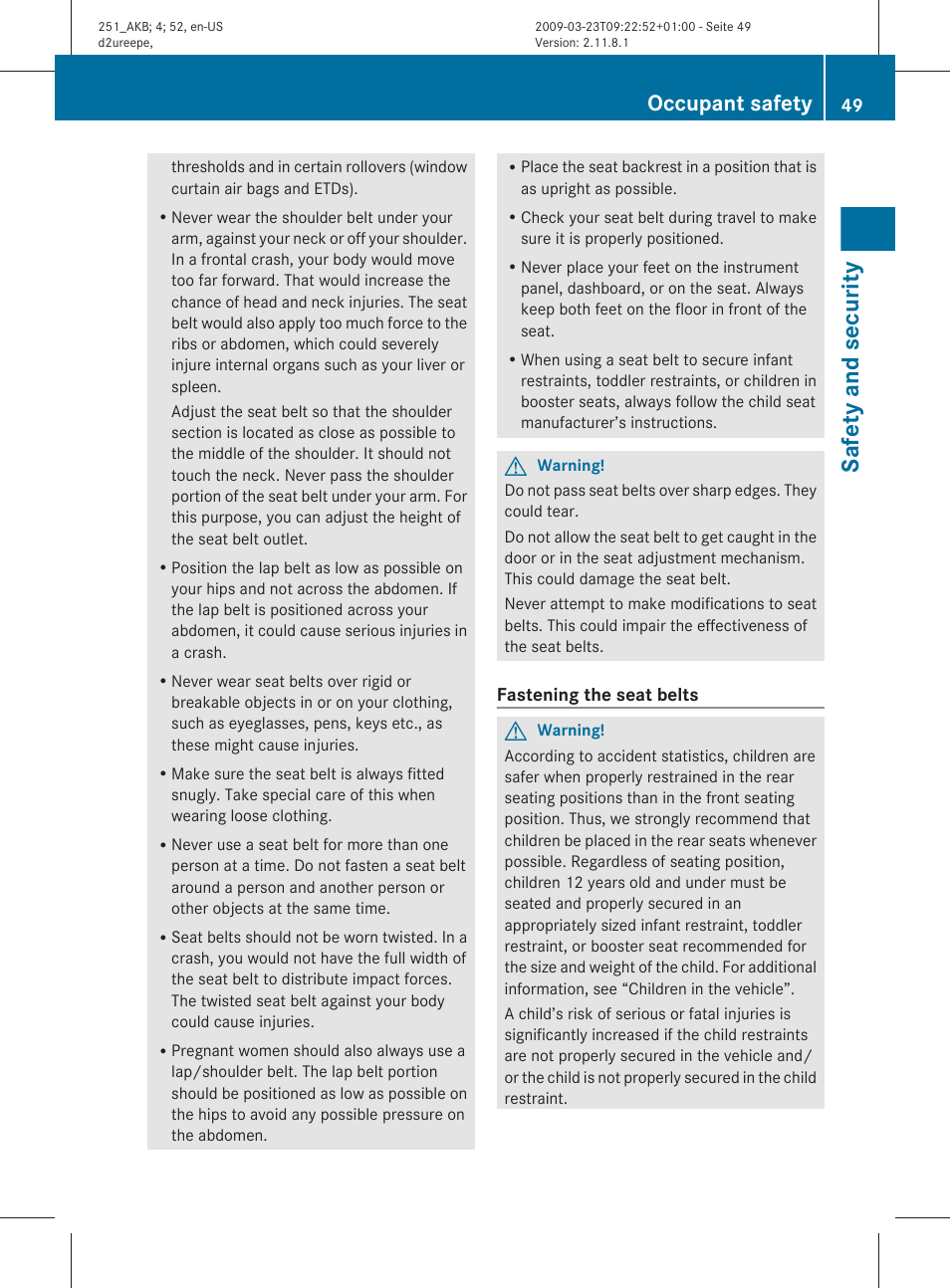 Safety and security, Occupant safety | Mercedes-Benz R-Class 2010 Owners Manual User Manual | Page 51 / 364