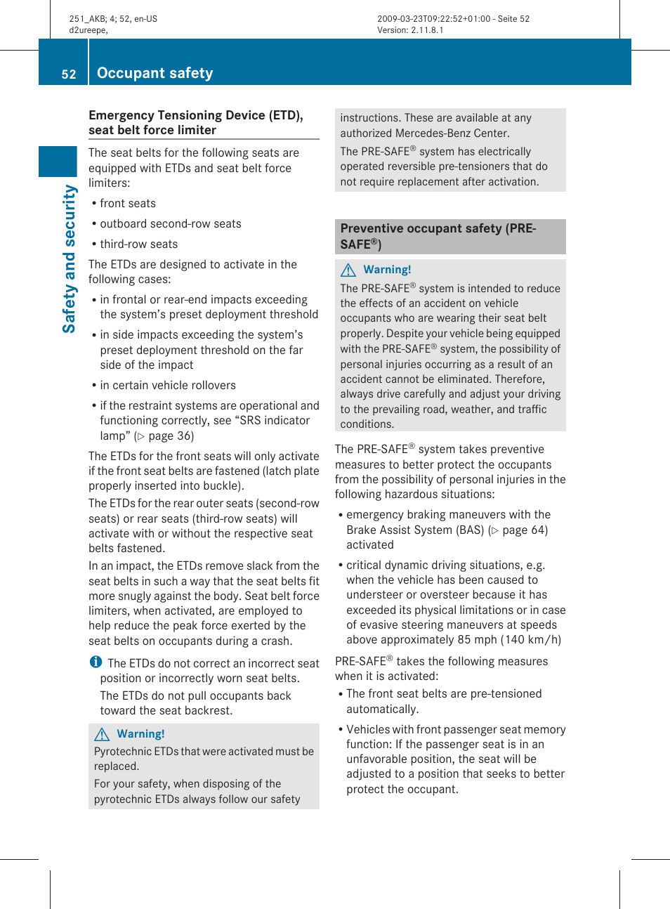 Preventive occupant safety (pre-safe®), Safety and security, Occupant safety | Mercedes-Benz R-Class 2010 Owners Manual User Manual | Page 54 / 364