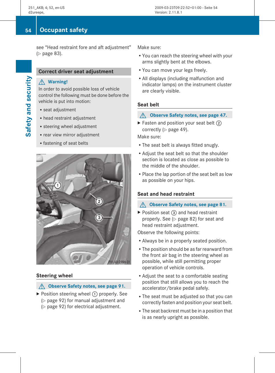 Correct driver seat adjustment, Safety and security, Occupant safety | Mercedes-Benz R-Class 2010 Owners Manual User Manual | Page 56 / 364