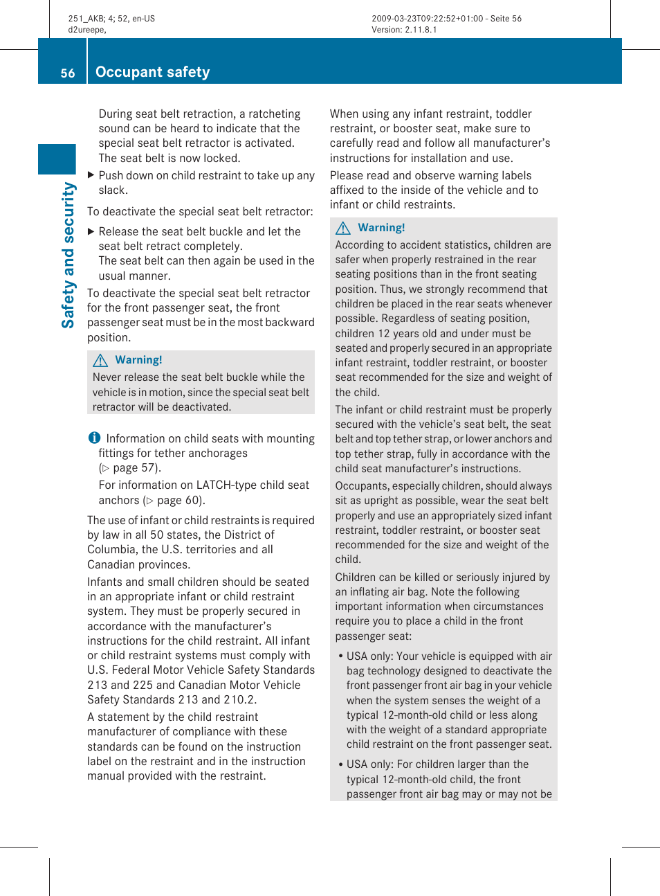 Safety and security, Occupant safety | Mercedes-Benz R-Class 2010 Owners Manual User Manual | Page 58 / 364