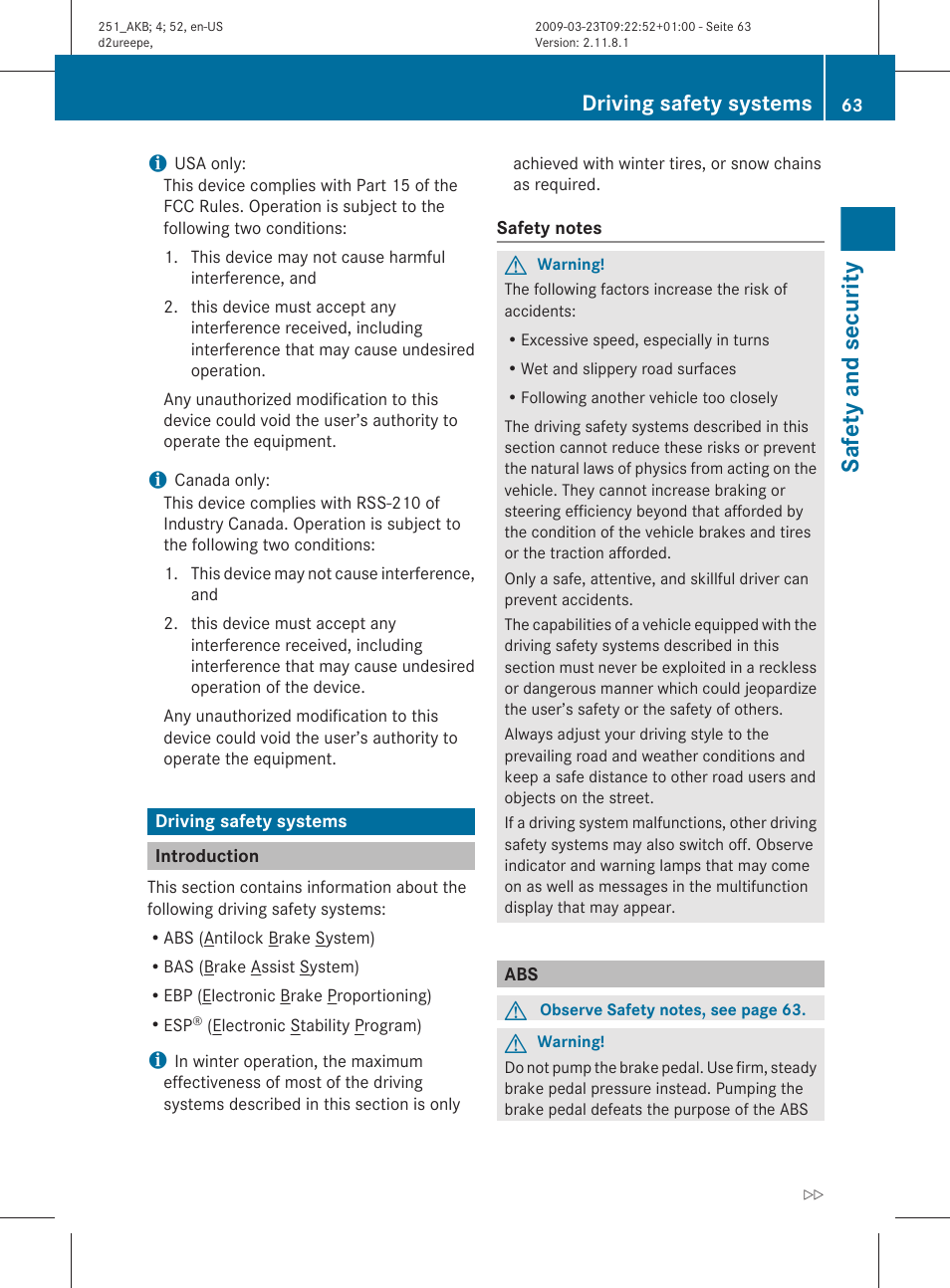 Driving safety systems, Introduction, Safety and security | Mercedes-Benz R-Class 2010 Owners Manual User Manual | Page 65 / 364