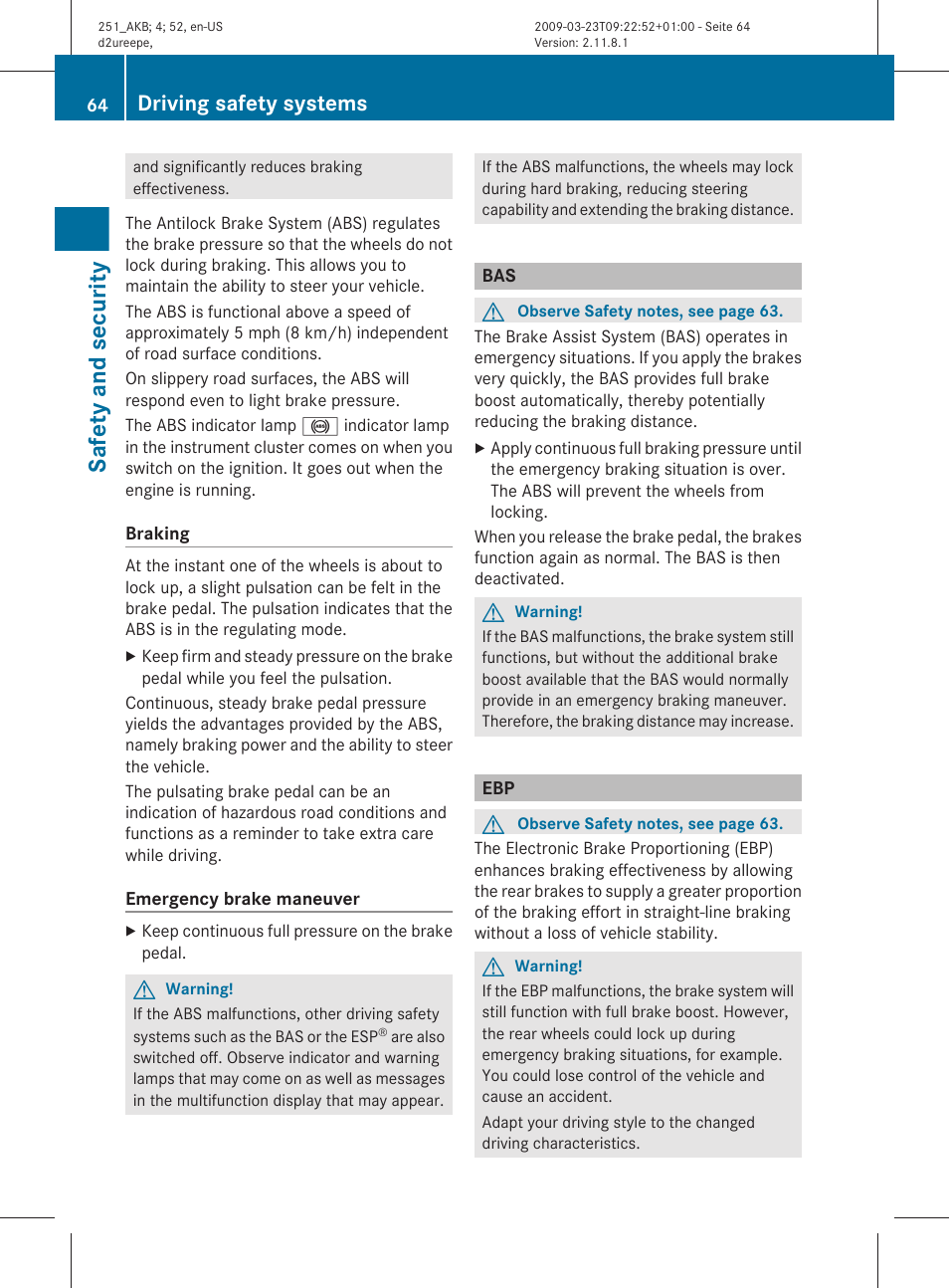 Safety and security, Driving safety systems | Mercedes-Benz R-Class 2010 Owners Manual User Manual | Page 66 / 364