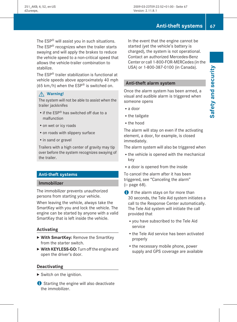 Anti-theft systems, Immobilizer, Anti-theft alarm system | Safety and security | Mercedes-Benz R-Class 2010 Owners Manual User Manual | Page 69 / 364