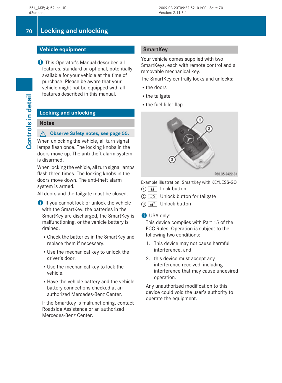 Controls in detail, Vehicle equipment, Locking and unlocking | Notes, Smartkey | Mercedes-Benz R-Class 2010 Owners Manual User Manual | Page 72 / 364