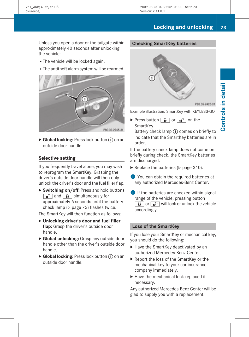 Checking smartkey batteries, Loss of the smartkey, Controls in detail | Locking and unlocking | Mercedes-Benz R-Class 2010 Owners Manual User Manual | Page 75 / 364
