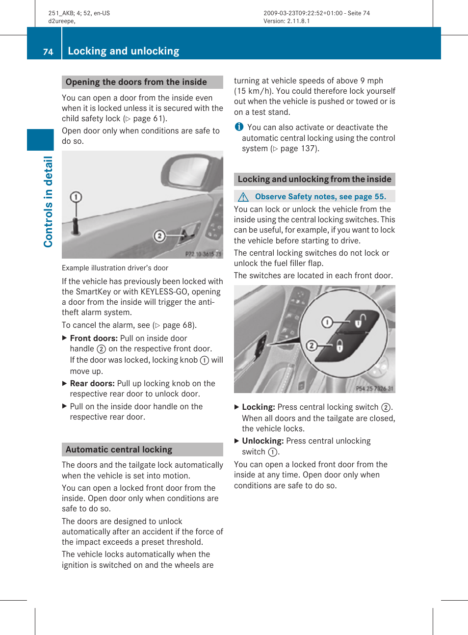 Opening the doors from the inside, Automatic central locking, Locking and unlocking from the inside | Controls in detail, Locking and unlocking | Mercedes-Benz R-Class 2010 Owners Manual User Manual | Page 76 / 364