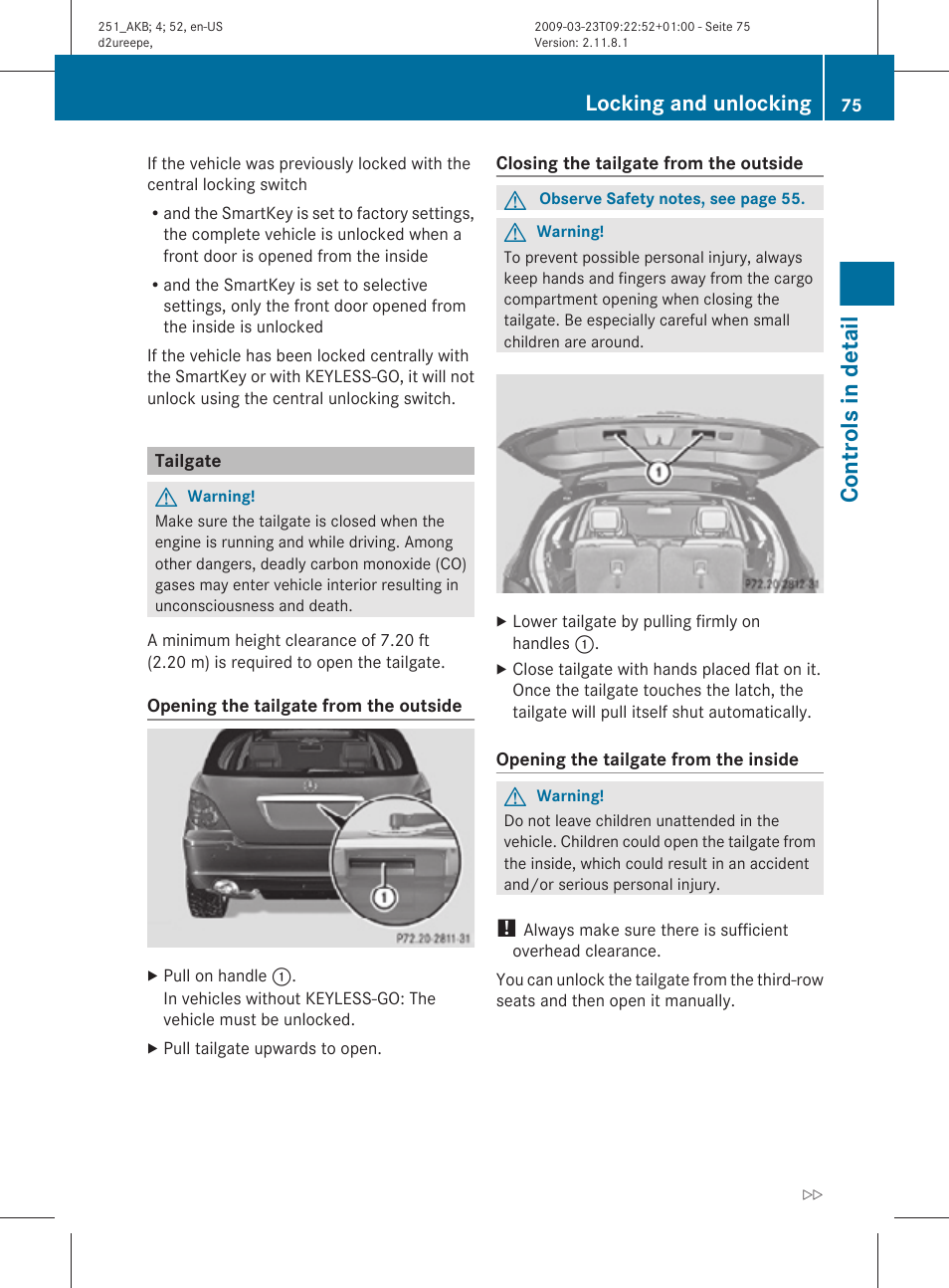 Tailgate, Controls in detail, Locking and unlocking | Mercedes-Benz R-Class 2010 Owners Manual User Manual | Page 77 / 364