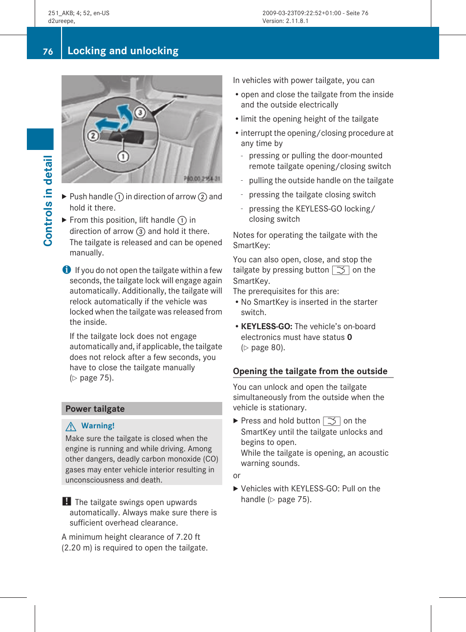 Power tailgate, Controls in detail, Locking and unlocking | Mercedes-Benz R-Class 2010 Owners Manual User Manual | Page 78 / 364