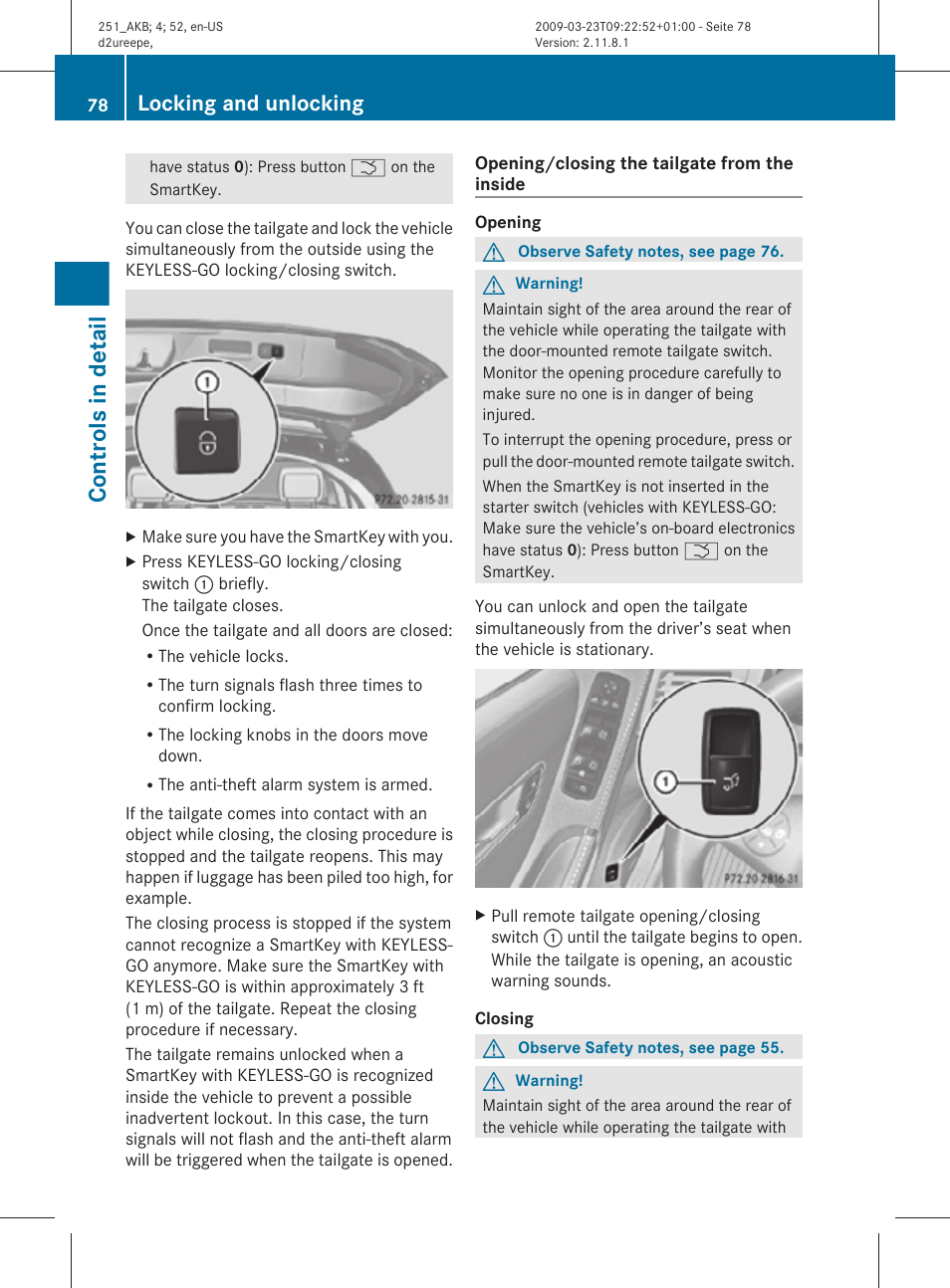 Controls in detail, Locking and unlocking | Mercedes-Benz R-Class 2010 Owners Manual User Manual | Page 80 / 364