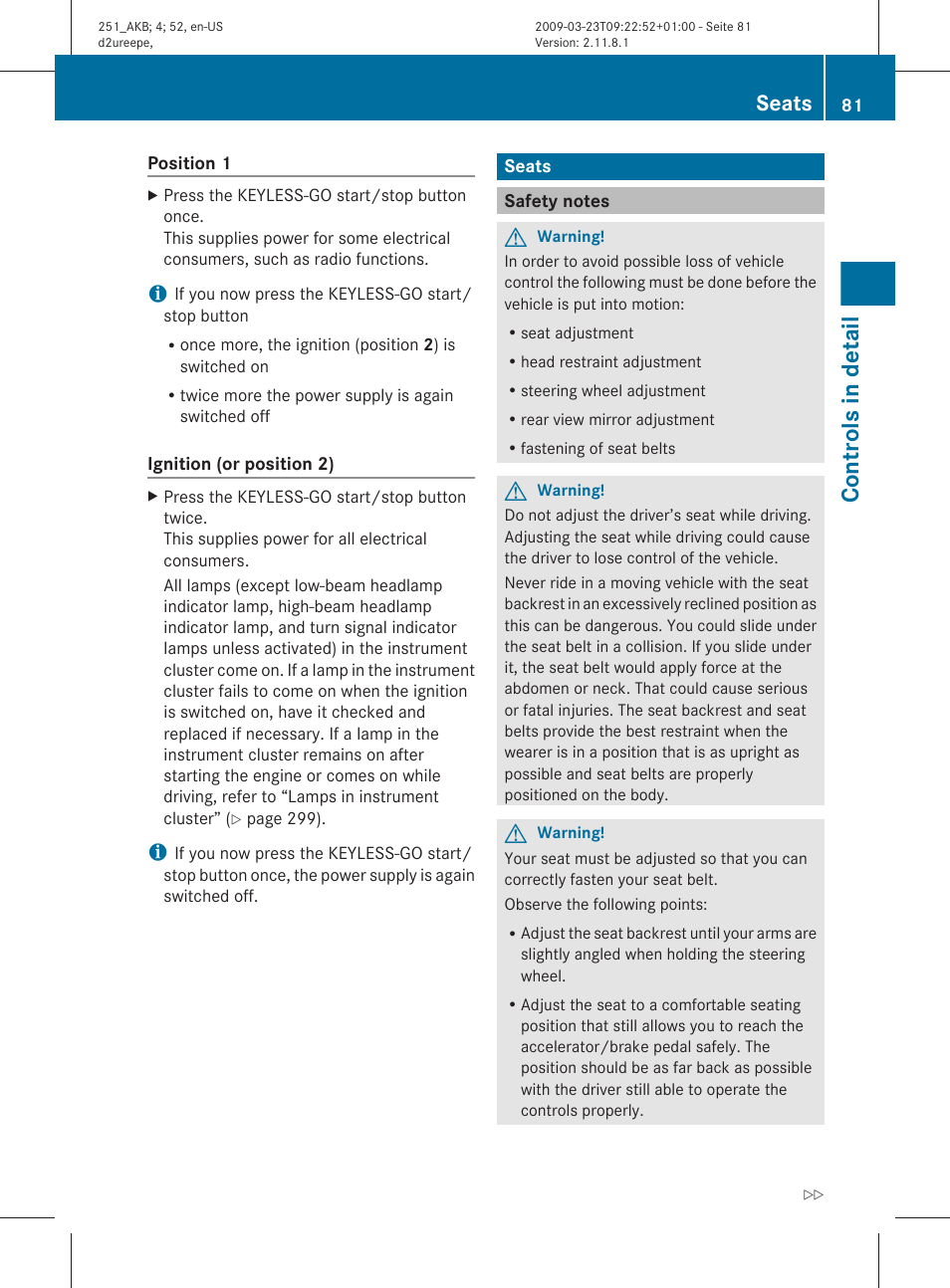 Seats, Safety notes, Controls in detail | Mercedes-Benz R-Class 2010 Owners Manual User Manual | Page 83 / 364