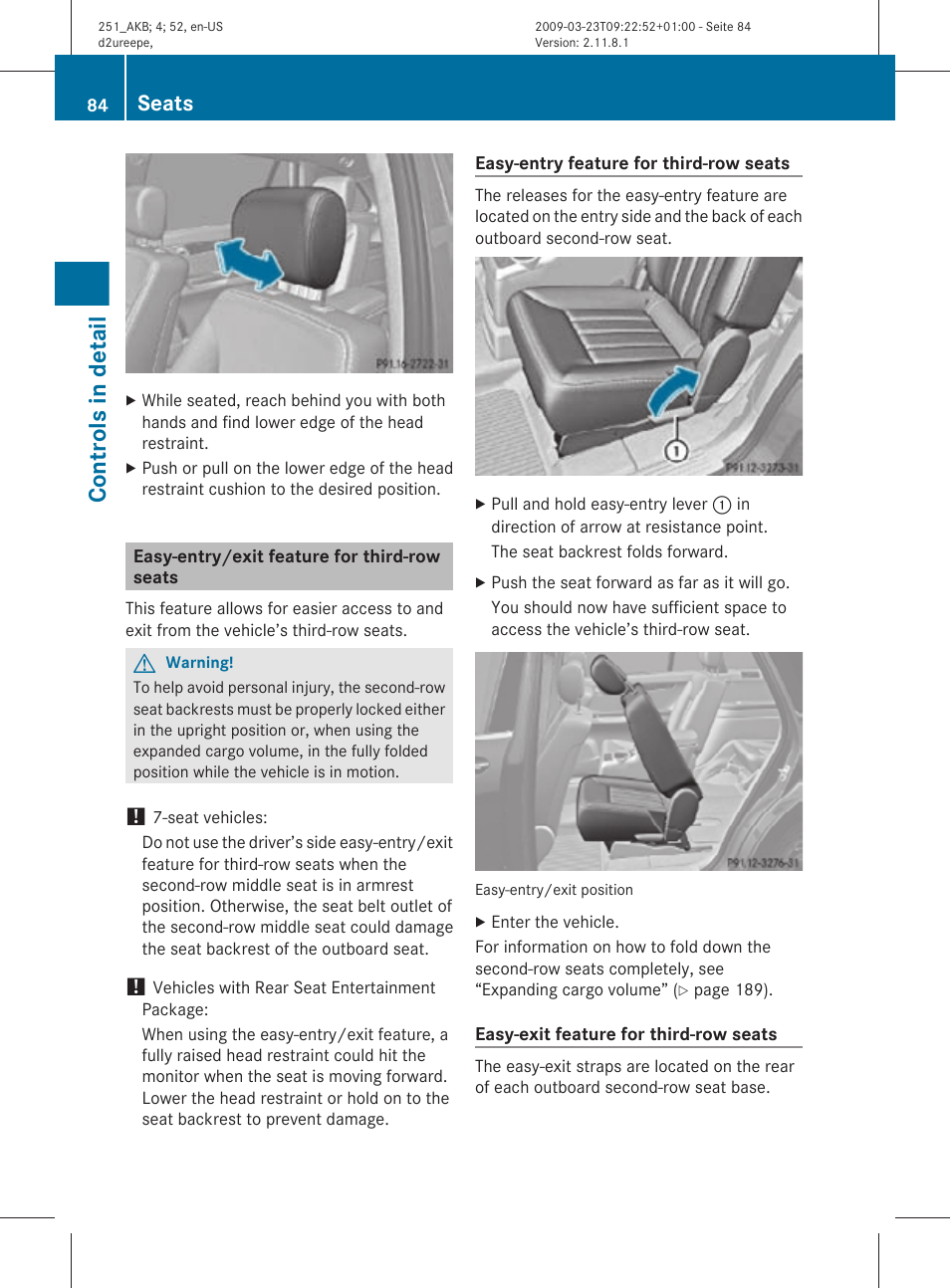 Easy-entry/exit feature for third-row seats, Controls in detail, Seats | Mercedes-Benz R-Class 2010 Owners Manual User Manual | Page 86 / 364