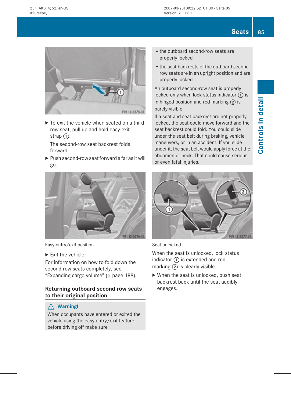 Controls in detail, Seats | Mercedes-Benz R-Class 2010 Owners Manual User Manual | Page 87 / 364