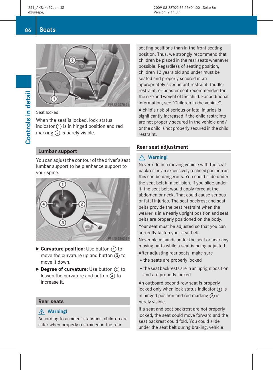 Lumbar support, Rear seats, Controls in detail | Seats | Mercedes-Benz R-Class 2010 Owners Manual User Manual | Page 88 / 364