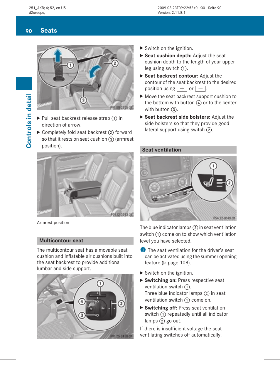 Multicontour seat, Seat ventilation, Controls in detail | Seats | Mercedes-Benz R-Class 2010 Owners Manual User Manual | Page 92 / 364
