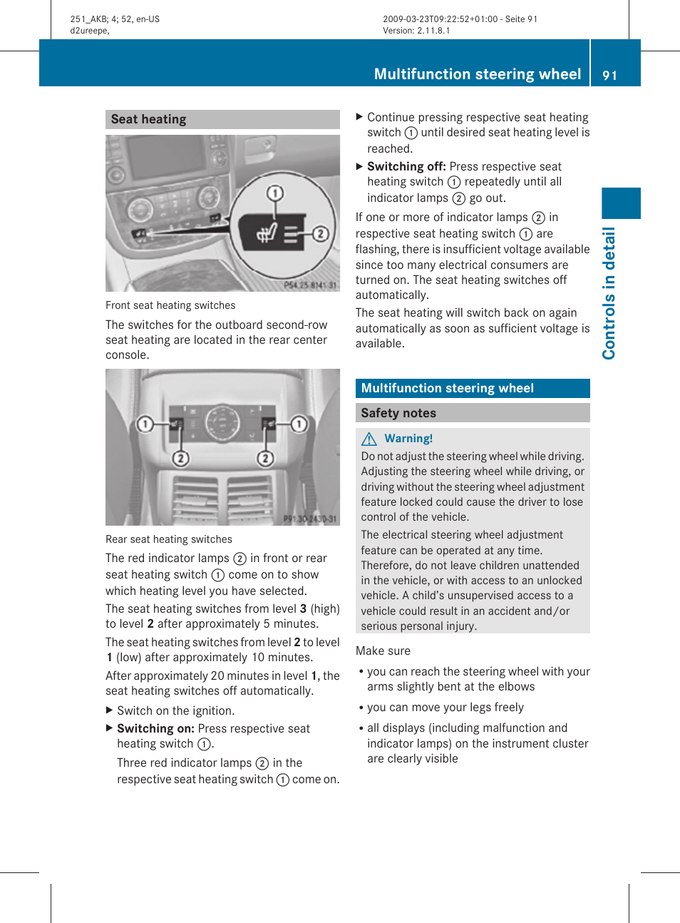 Seat heating, Multifunction steering wheel, Safety notes | Controls in detail | Mercedes-Benz R-Class 2010 Owners Manual User Manual | Page 93 / 364