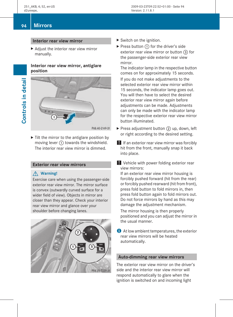 Interior rear view mirror, Exterior rear view mirrors, Auto-dimming rear view mirrors | Controls in detail, Mirrors | Mercedes-Benz R-Class 2010 Owners Manual User Manual | Page 96 / 364