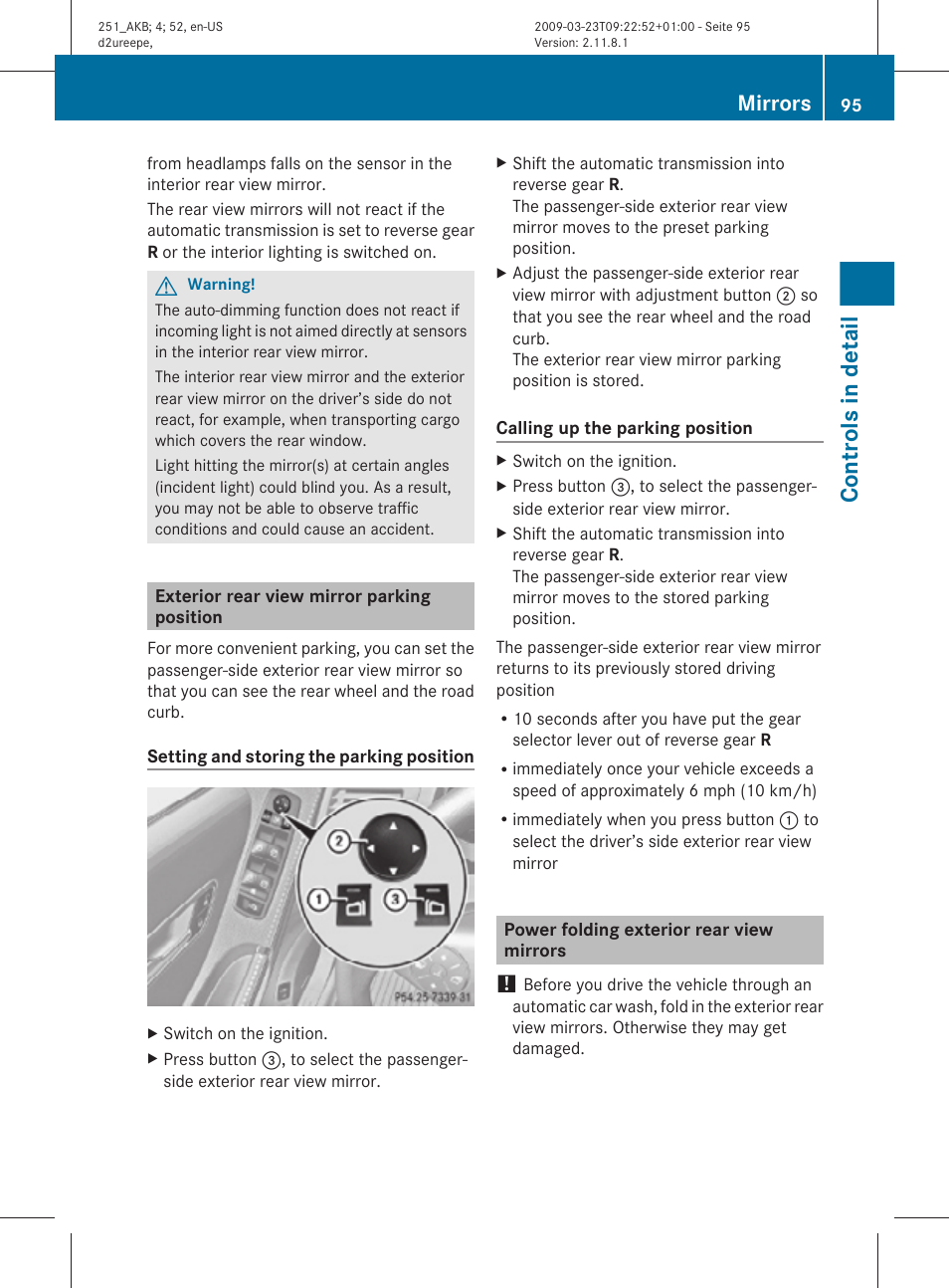 Exterior rear view mirror parking position, Power folding exterior rear view mirrors, Controls in detail | Mirrors | Mercedes-Benz R-Class 2010 Owners Manual User Manual | Page 97 / 364