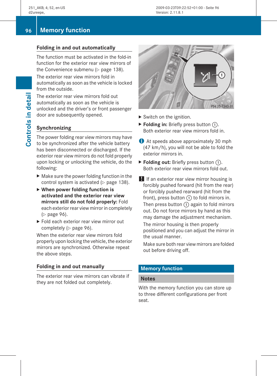 Memory function, Notes, Controls in detail | Mercedes-Benz R-Class 2010 Owners Manual User Manual | Page 98 / 364