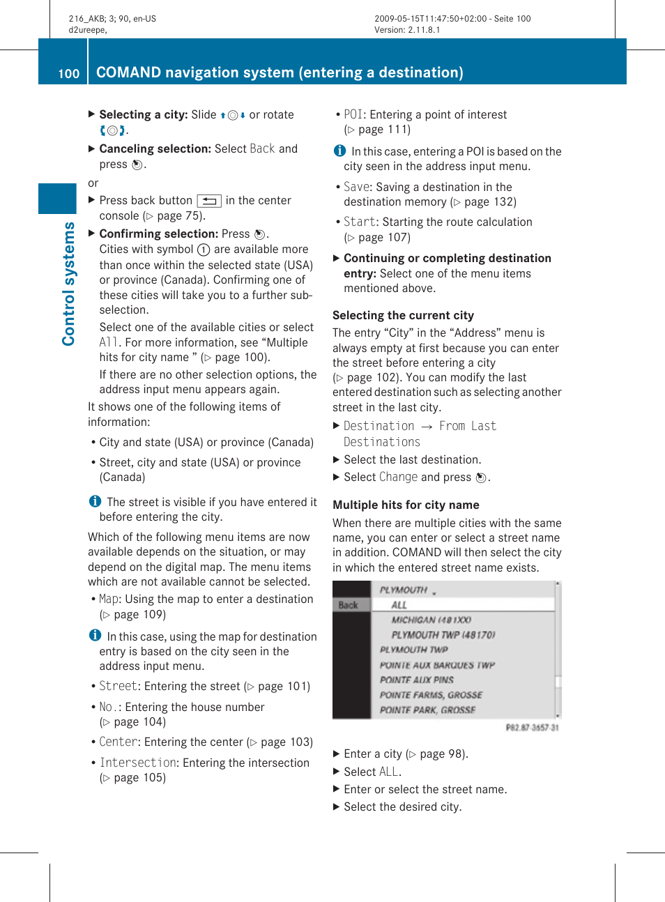 Control systems, Comand navigation system (entering a destination) | Mercedes-Benz CL-Class 2010 Owners Manual User Manual | Page 102 / 500