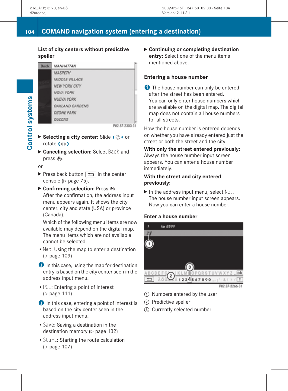 Control systems, Comand navigation system (entering a destination) | Mercedes-Benz CL-Class 2010 Owners Manual User Manual | Page 106 / 500