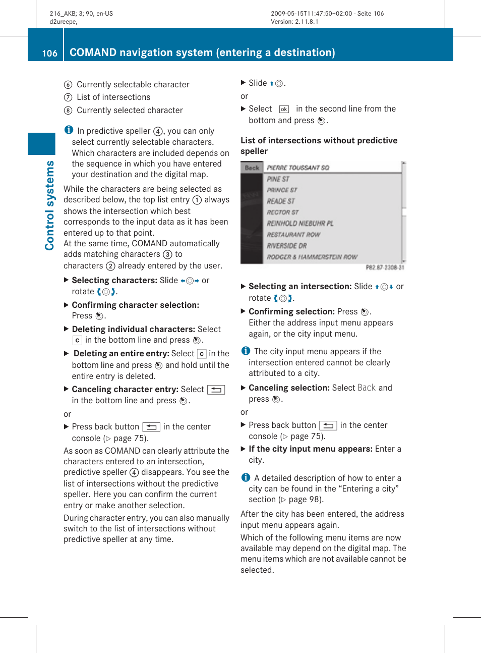Control systems, Comand navigation system (entering a destination) | Mercedes-Benz CL-Class 2010 Owners Manual User Manual | Page 108 / 500