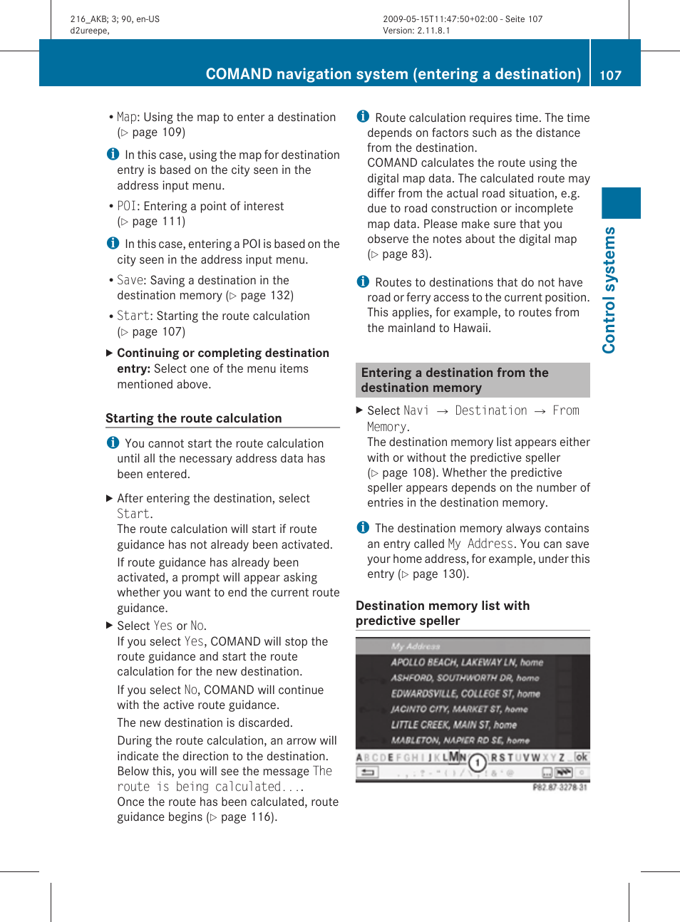 Entering a destination from the destination memory, Control systems, Comand navigation system (entering a destination) | Mercedes-Benz CL-Class 2010 Owners Manual User Manual | Page 109 / 500