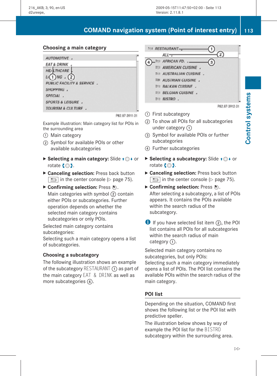 Control systems, Comand navigation system (point of interest entry) | Mercedes-Benz CL-Class 2010 Owners Manual User Manual | Page 115 / 500