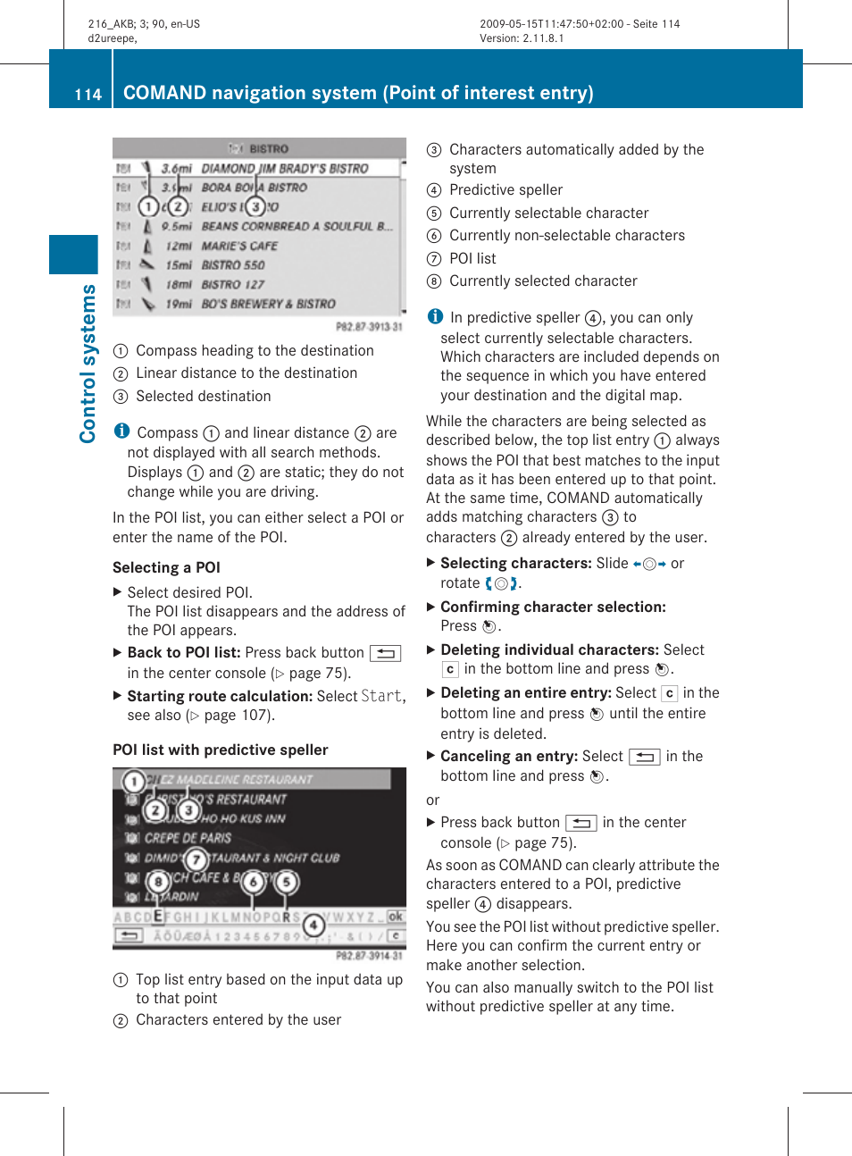 Control systems, Comand navigation system (point of interest entry) | Mercedes-Benz CL-Class 2010 Owners Manual User Manual | Page 116 / 500