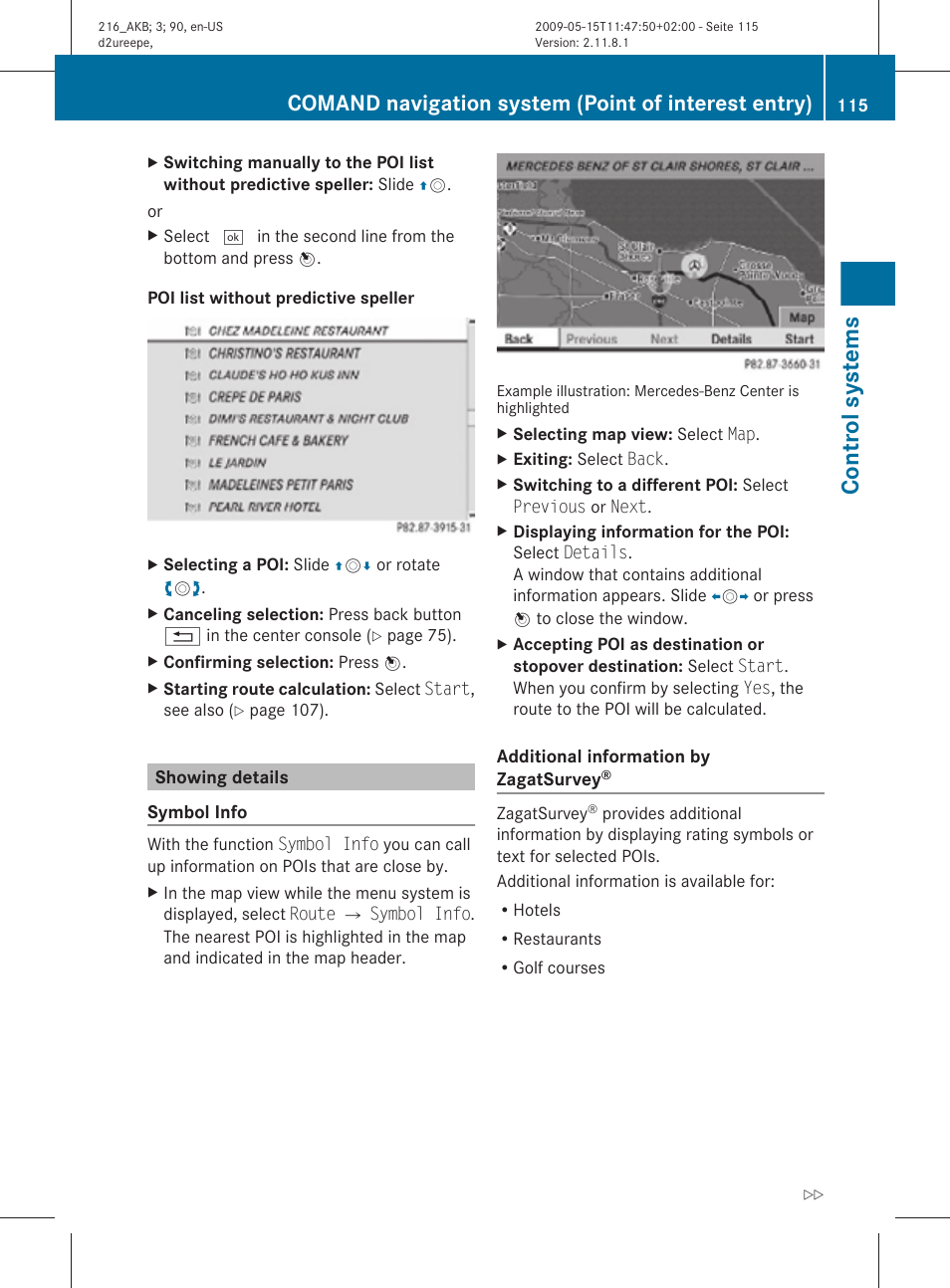 Showing details, Control systems, Comand navigation system (point of interest entry) | Mercedes-Benz CL-Class 2010 Owners Manual User Manual | Page 117 / 500