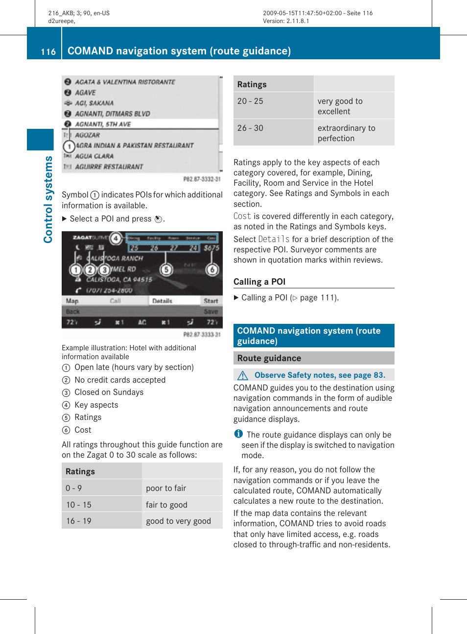 Comand navigation system (route guidance), Route guidance, Guidance begins | Control systems | Mercedes-Benz CL-Class 2010 Owners Manual User Manual | Page 118 / 500