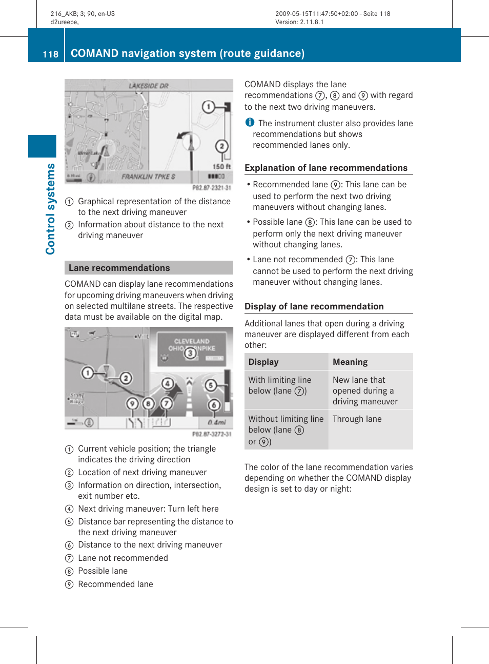 Lane recommendations, Control systems, Comand navigation system (route guidance) | Mercedes-Benz CL-Class 2010 Owners Manual User Manual | Page 120 / 500