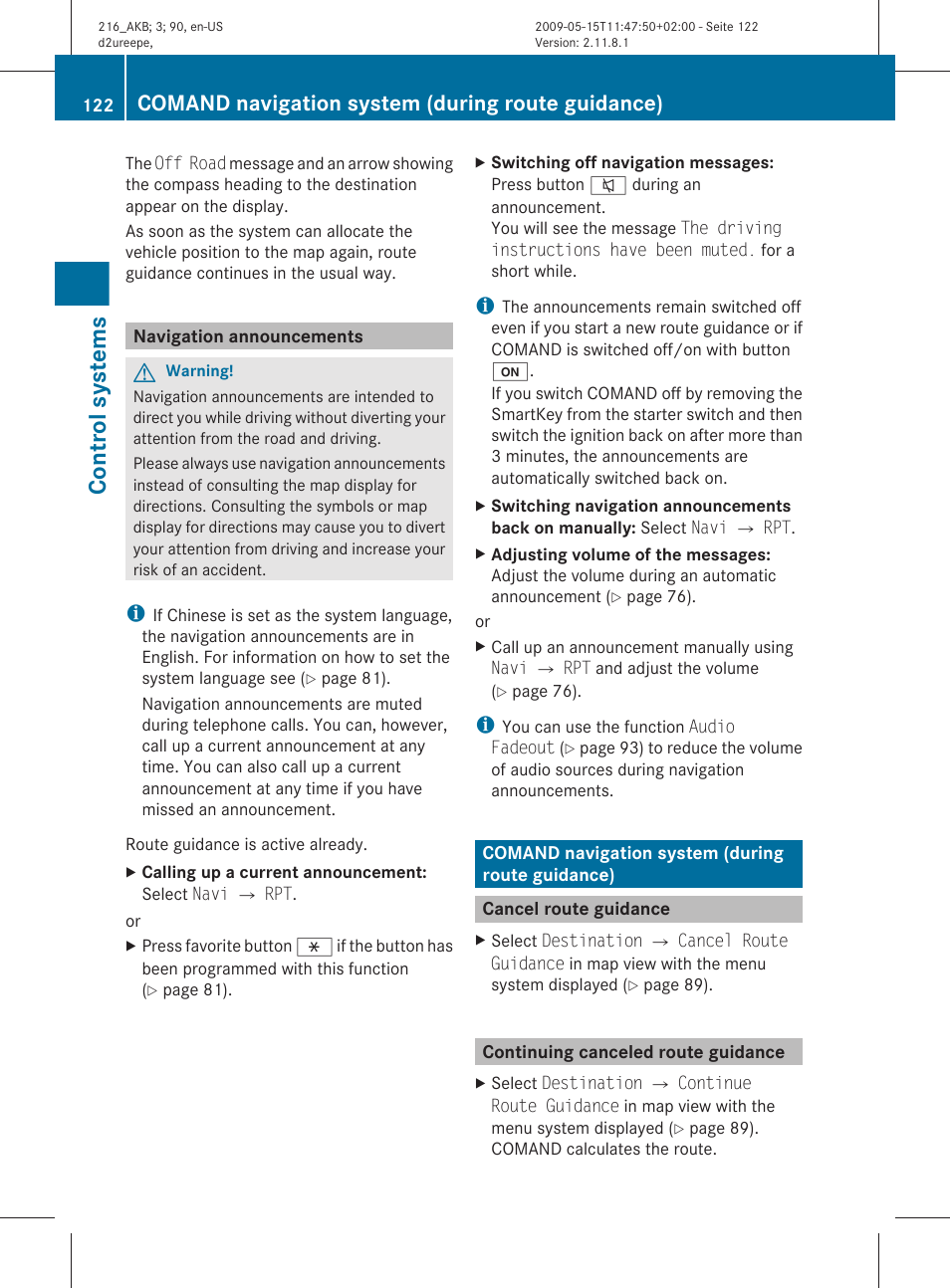 Navigation announcements, Comand navigation system (during route guidance), Cancel route guidance | Continuing canceled route guidance, English, Manually, Control systems | Mercedes-Benz CL-Class 2010 Owners Manual User Manual | Page 124 / 500