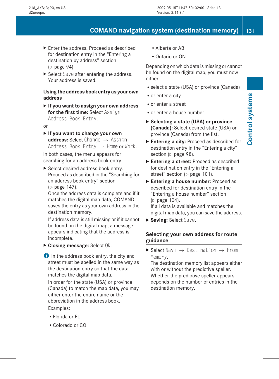 Control systems | Mercedes-Benz CL-Class 2010 Owners Manual User Manual | Page 133 / 500