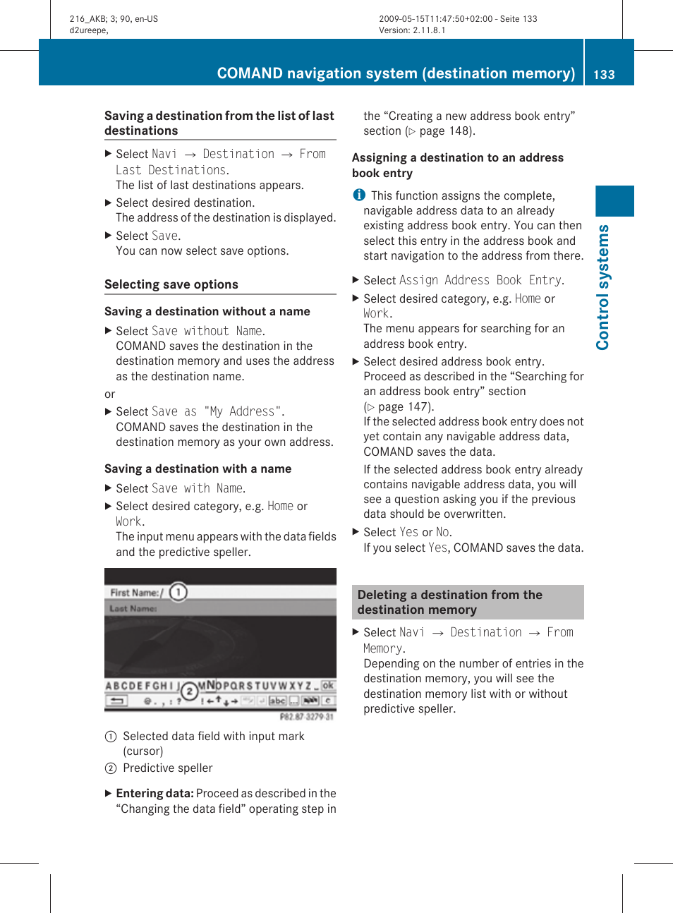 Deleting a destination from the destination memory, Control systems | Mercedes-Benz CL-Class 2010 Owners Manual User Manual | Page 135 / 500